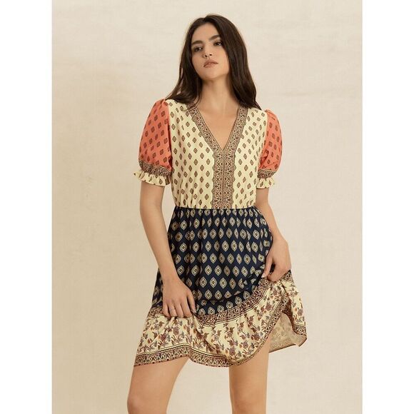 Casual Mod Print Colorblock Dotted V-Neck Short Sleeve Country Dress Sz XL - Picture 6 of 10